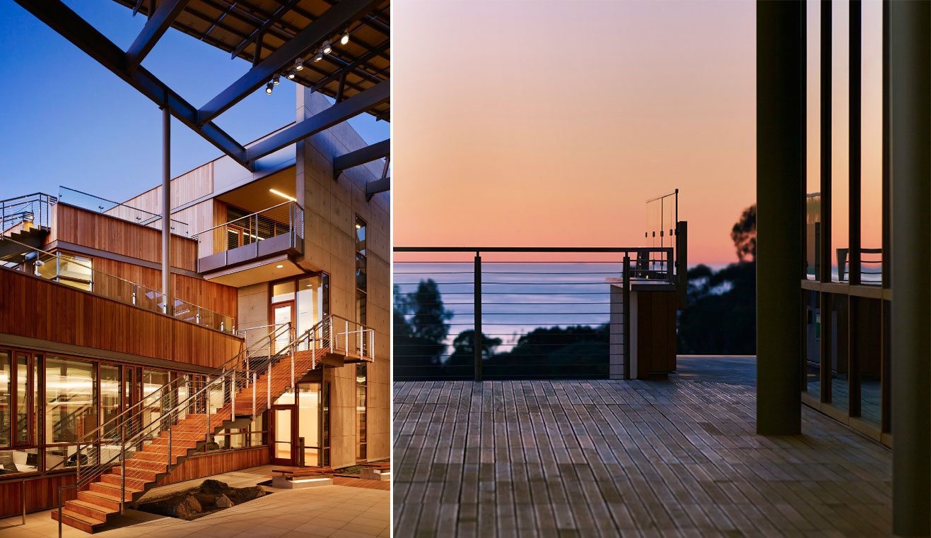 Left: Looking up at the Beyster Conference Room and Terrace from the ground floor. Right: Sunset on the Beyster Terrace.