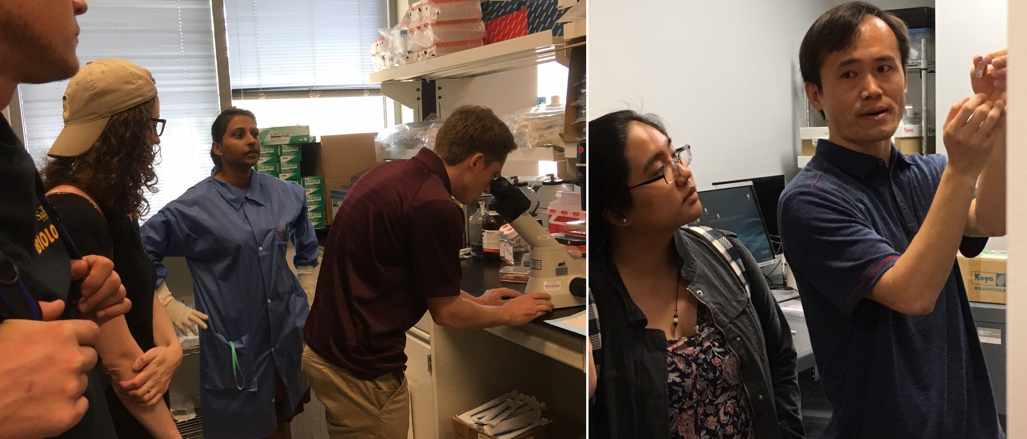 Students from Salisbury University tour JCVI's Rockville lab. Left: Dr. Chandran shows the group mammalian cell lines. Right: Dr. Yu discusses mass spectroscopy.