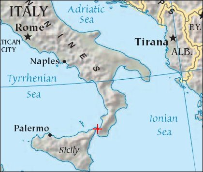 Map of the Straits of Messina (Red X )