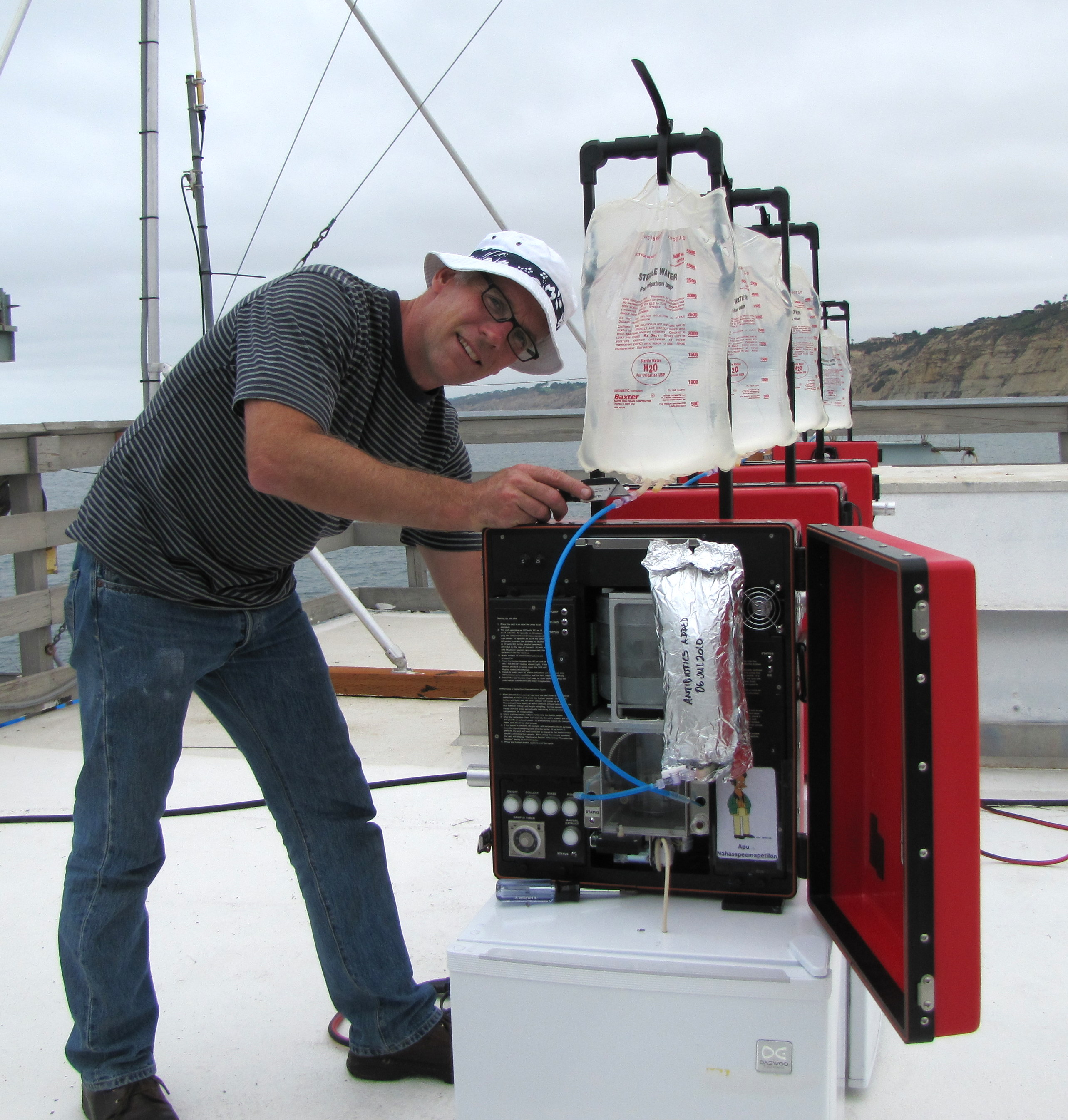 An array of microbial air samplers at the end of the Scripps Research Pier. This 300 m long pier intercepts air before it reaches land, so is an ideal place to determine the marine microbial component to regional air quality.