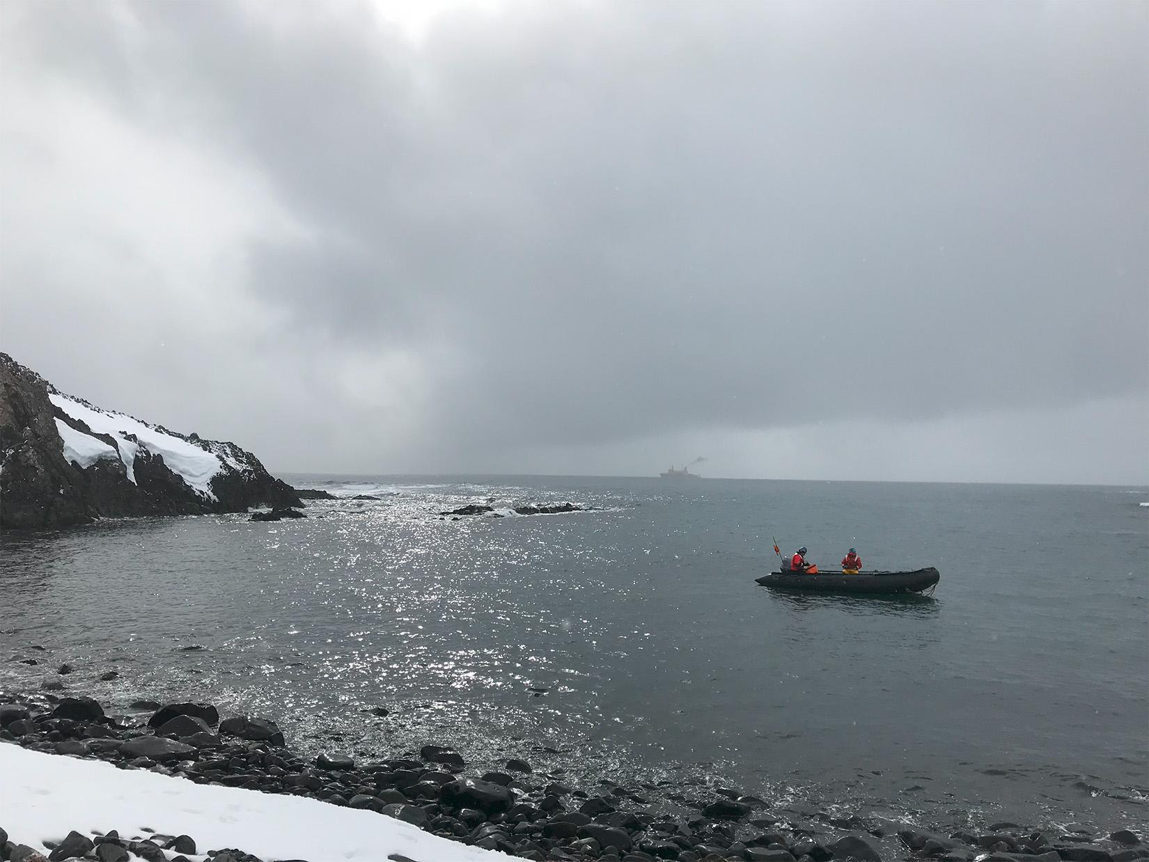 RVIB Nathaniel B. Palmer visible in the distance near Livingston Island